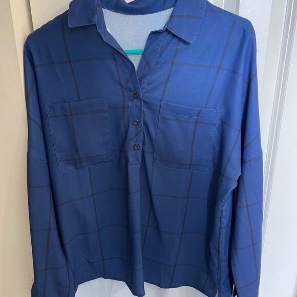🔵 Women’s Navy Blue Windowpane Plaid Blouse | High-Low Hem | Size M - Picture 4 of 6